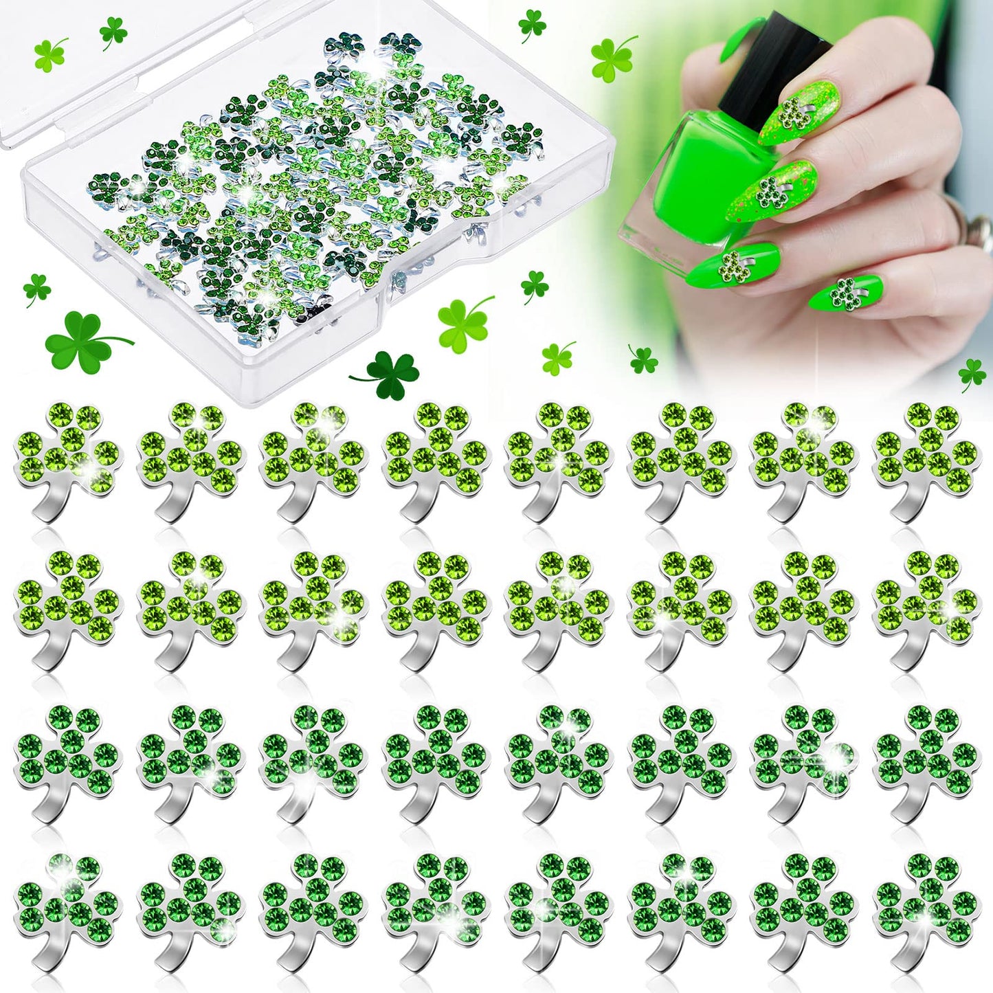 36 Pcs St Patrick's Day Nail Charms for Nail Art, 3D Shamrock Rhinestone Decals Sticker Green Clover Crystal Charms Diamond Allo