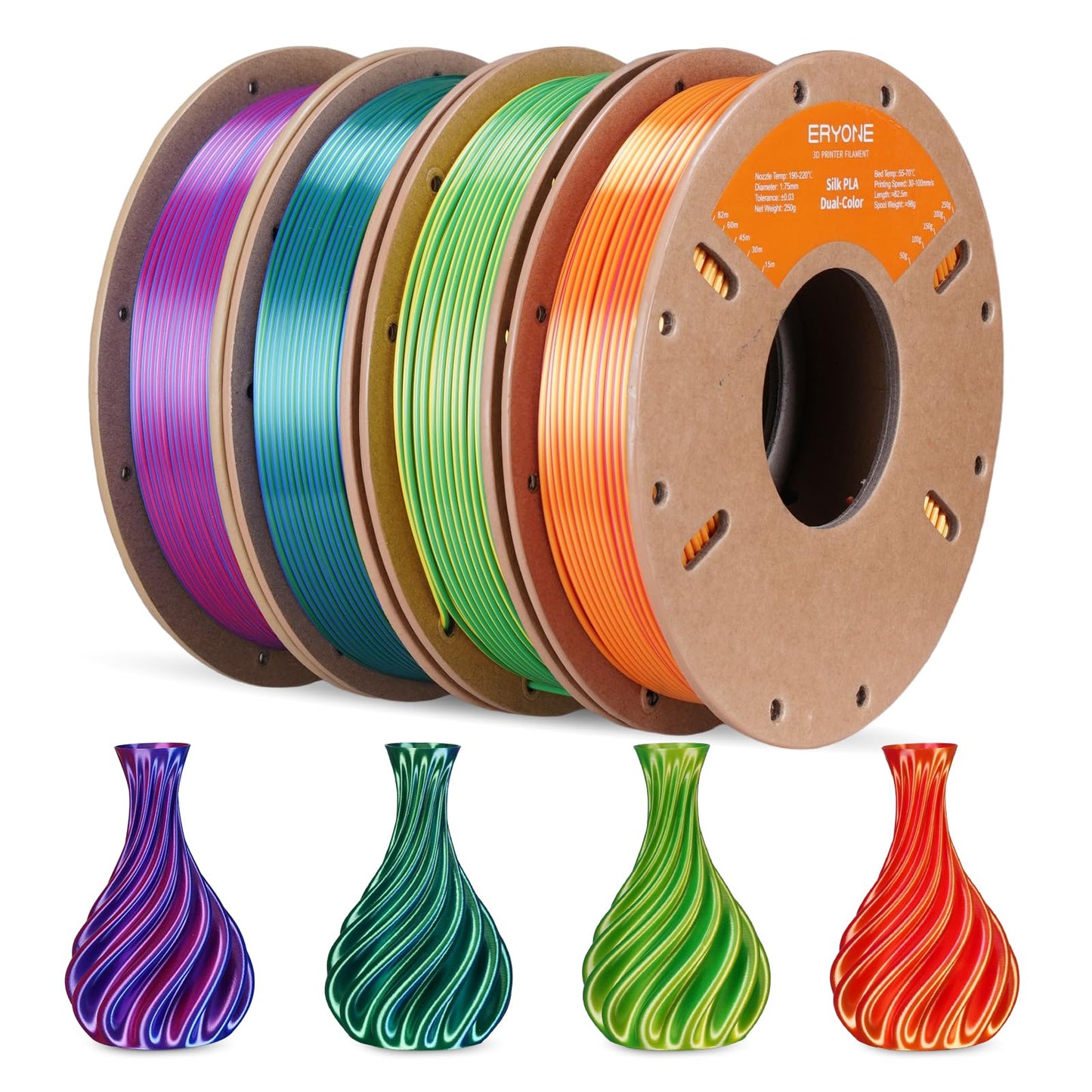 ERYONE Silk Coextrusion PLA Shiny 3D Printer Filament Bundle, PLA Filament 1.75+/-0.03mm, 3D Printing Filament 250gX 4 Spools, S