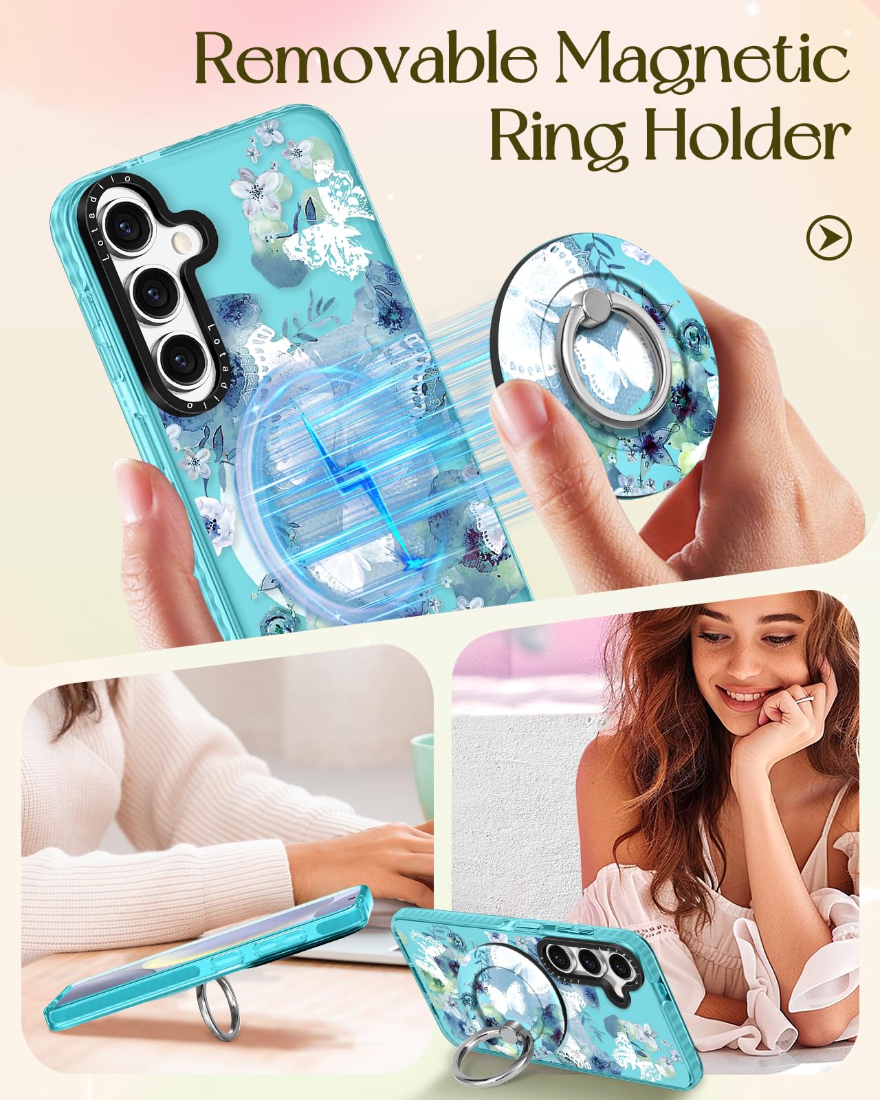 Lotadilo Cute Case For Samsung Galaxy S25 For Women Girls - Funny Ink Butterfly Design Compatible With Magsafe Magnetic Ring Hol