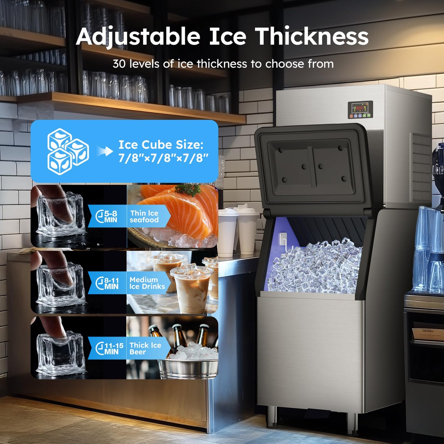 Commercial Ice Machine 680LBS/24H,Storage 560LBS,Large Industrial Ice Maker,Ice Ready in 5-15min,with Self-Cleaning Mode,with Timing Function,30 Levels of Ice Thickness Adjustment,Stainless Steel