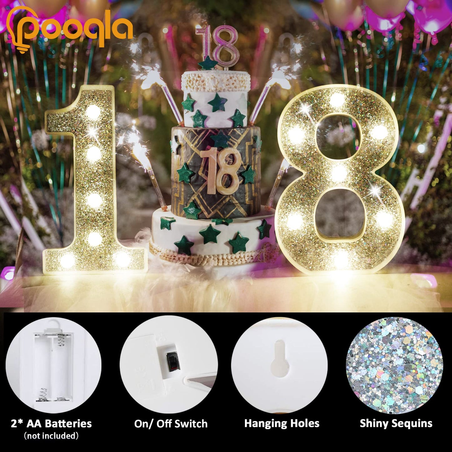 Pooqla Marquee Number Light, Battery Powered Silver Glitter Decoration for Parties, Weddings, and Home - Number 0