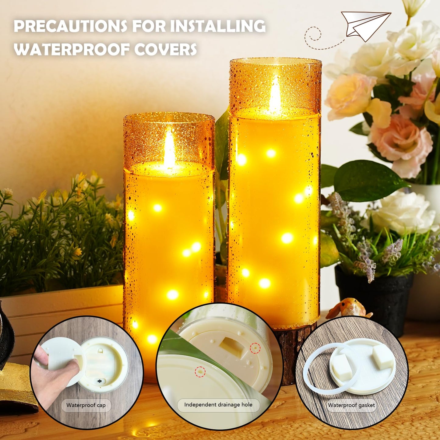 kakoya 11" x 4" Large Outdoor Waterproof Flameless LED Candles with Remote and Timer,Acrylic Pillar Candles Battery Operated with Embedded Star String for Porch,Patio,Outdoor Decor,Set of 2(Gold)