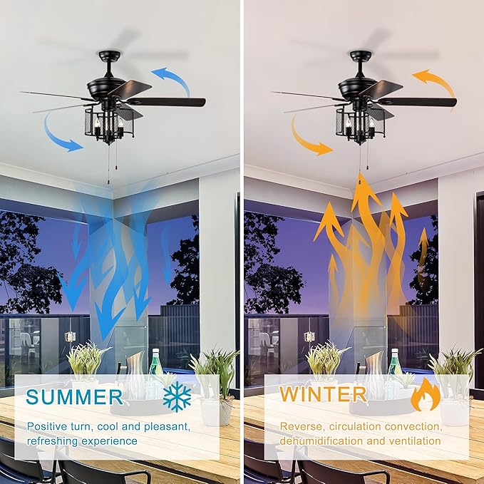 NicBex Ceiling Fan 52 Inch Ceiling Fan with Lights Vintage Ceiling Fans with 5 Blades Ceiling Fan with Lamp Shade and Hand Pull Chain for Bedroom, Living Room, Matte Black