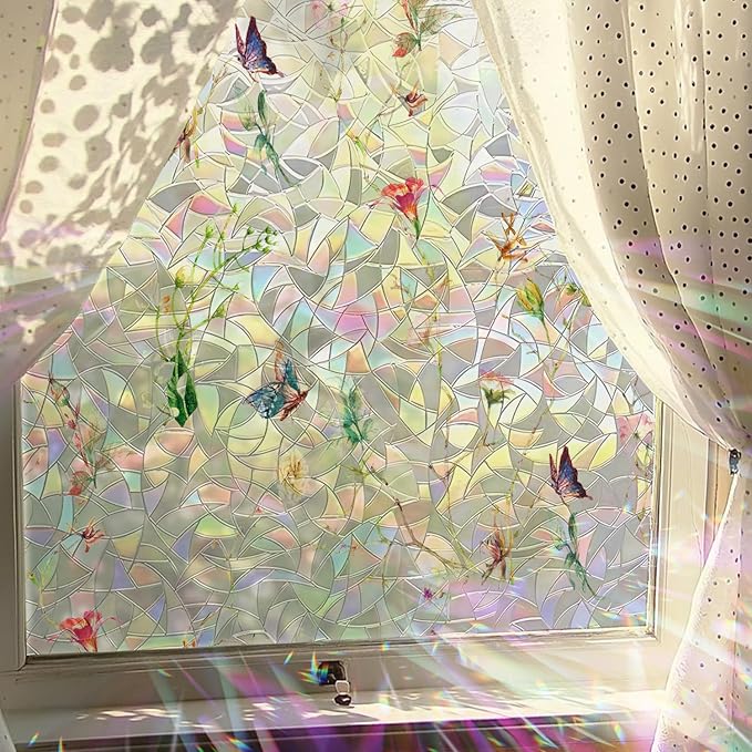 Rainbow Window Privacy Film Stained Glass Handmade Design for Bathroom, Watercolor Flower and Butterfly, 118.11" x 20.87"