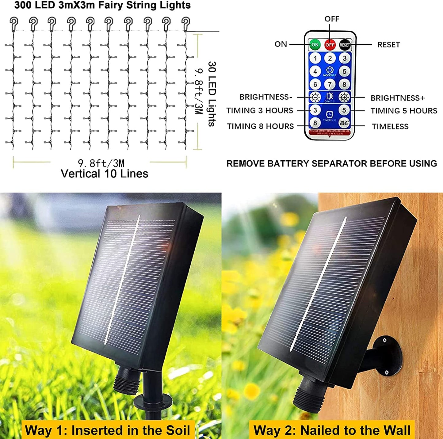 Whywhife Solar Curtain Lights 300 LED Fairy String Lights Waterproof Remote Control for Outdoor Garden, 1 Pack, White