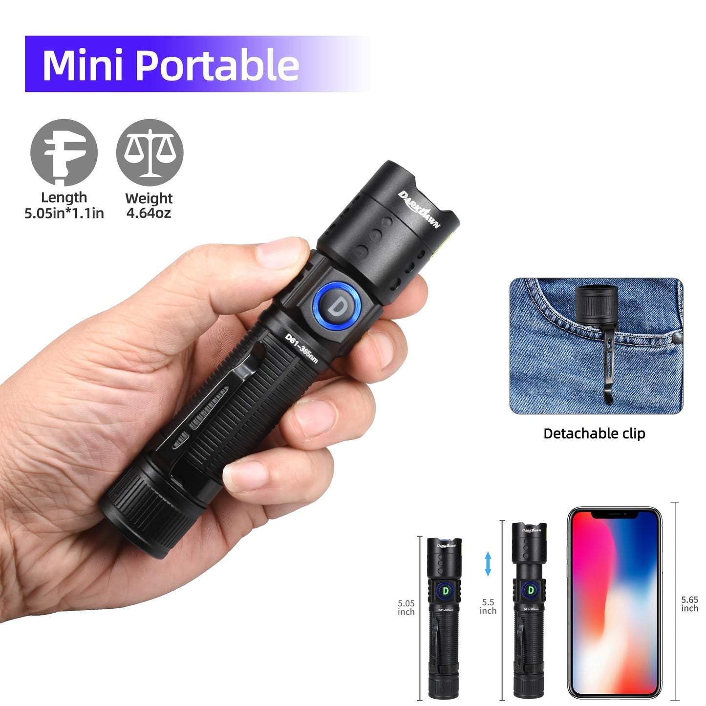 Darkdawn Uv Flashlight 365Nm Mini Usb Rechargeable Blacklight Detector For Pet Stains, Uranium, Resin Curing - Aluminum, Portable