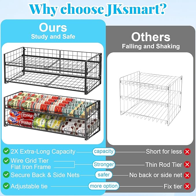 2-Tier Stackable Can Rack Organizer for Pantry Shelf, Adjustable Extra-Long Can Holder for Kitchen Organization Storage, Heavy Duty Can Dispenser for Canned Soup Food Goods Storage up to 64, Black