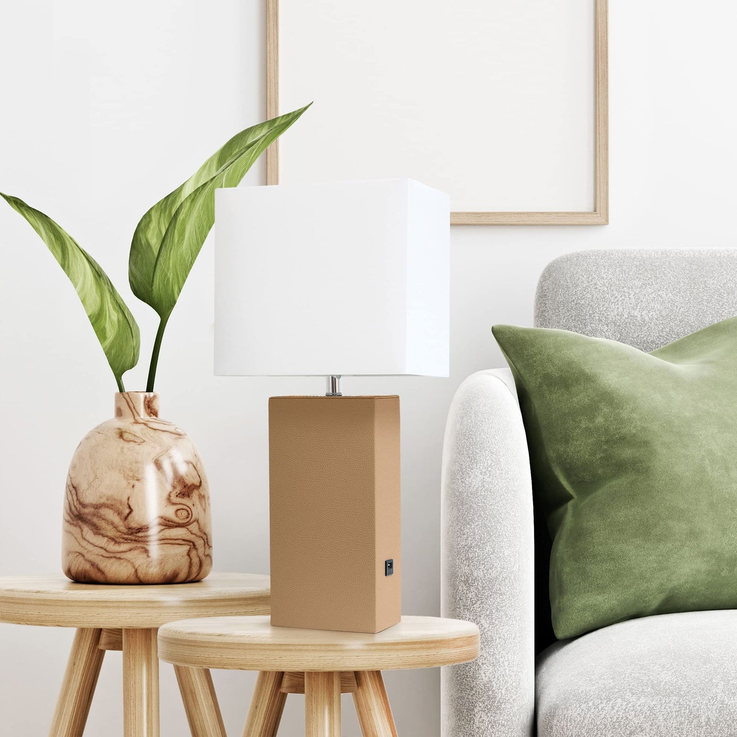 LALIA HOME Bedside Table Lamp with USB Charging Port, 21in, Beige, Model LHT-3012, MDF & Leather Material