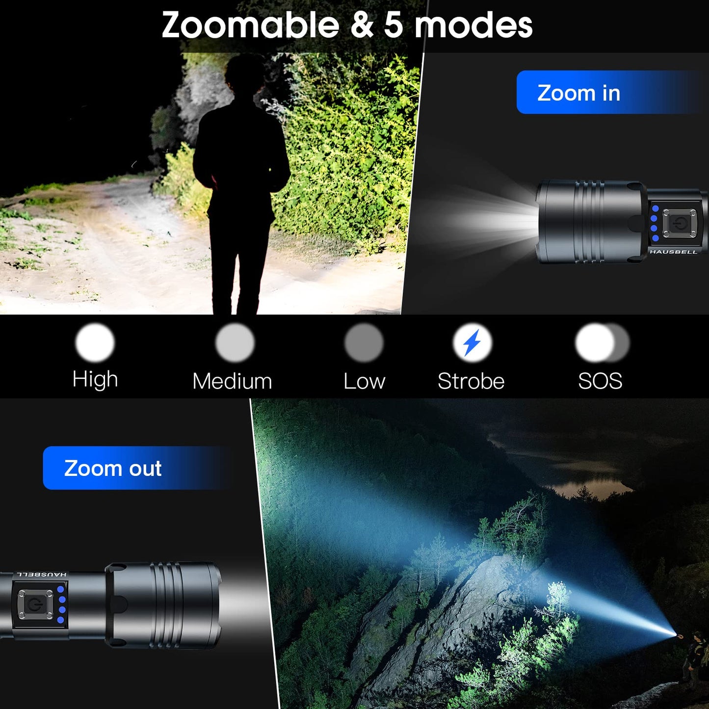 HAUSBELL A100 LED Flashlight, 20000 High Lumens, Zoomable, Waterproof, Tactical, Black, A100 Model