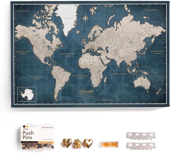 Canvas World Map with Cork Pin Board - English Lettering - Decorative Wall Decoration for All Rooms - Canvas Pictures with World Map Motif (120x80 cm, Pattern 19)