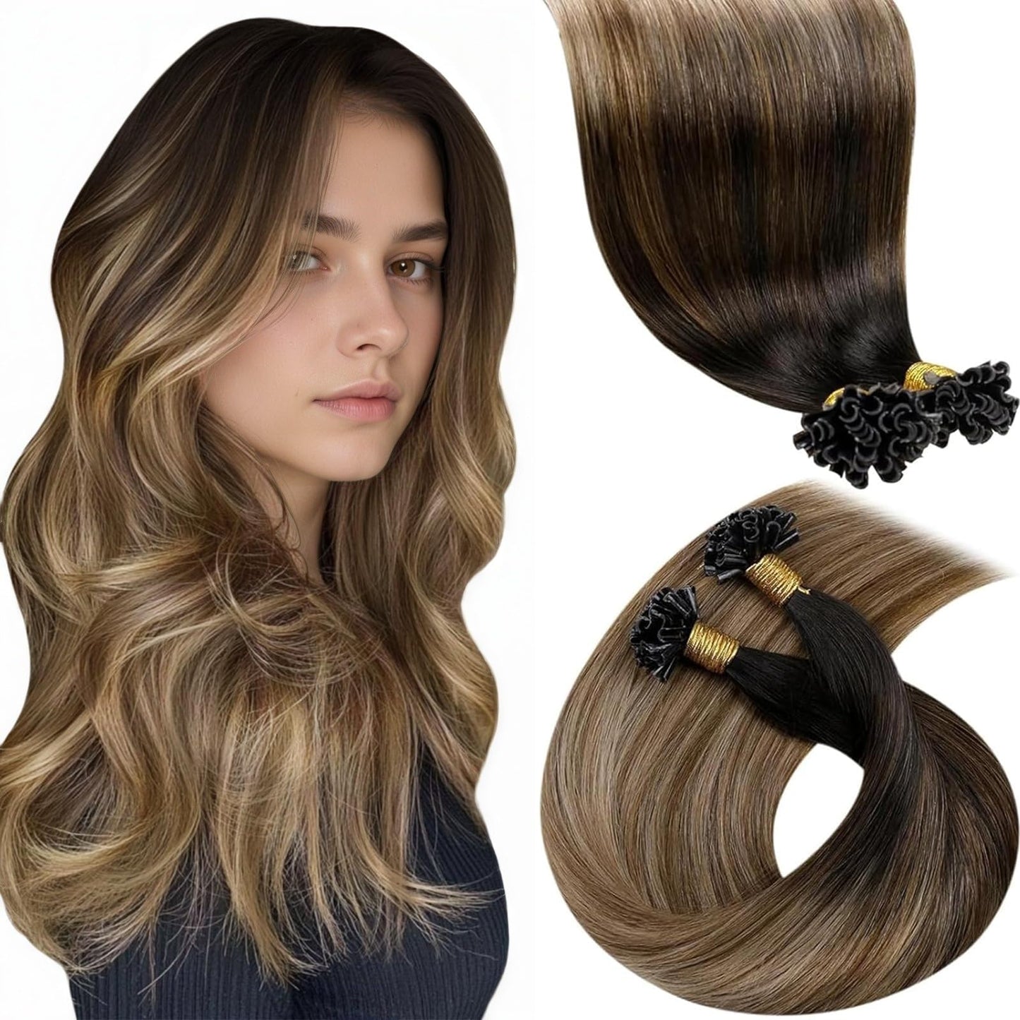 LaaVoo K Tip Hair Extensions Real Human Hair Balayage Brown Ktips Hair Extensions Human Hair Ombre Dark Brown to Chestnut Brown