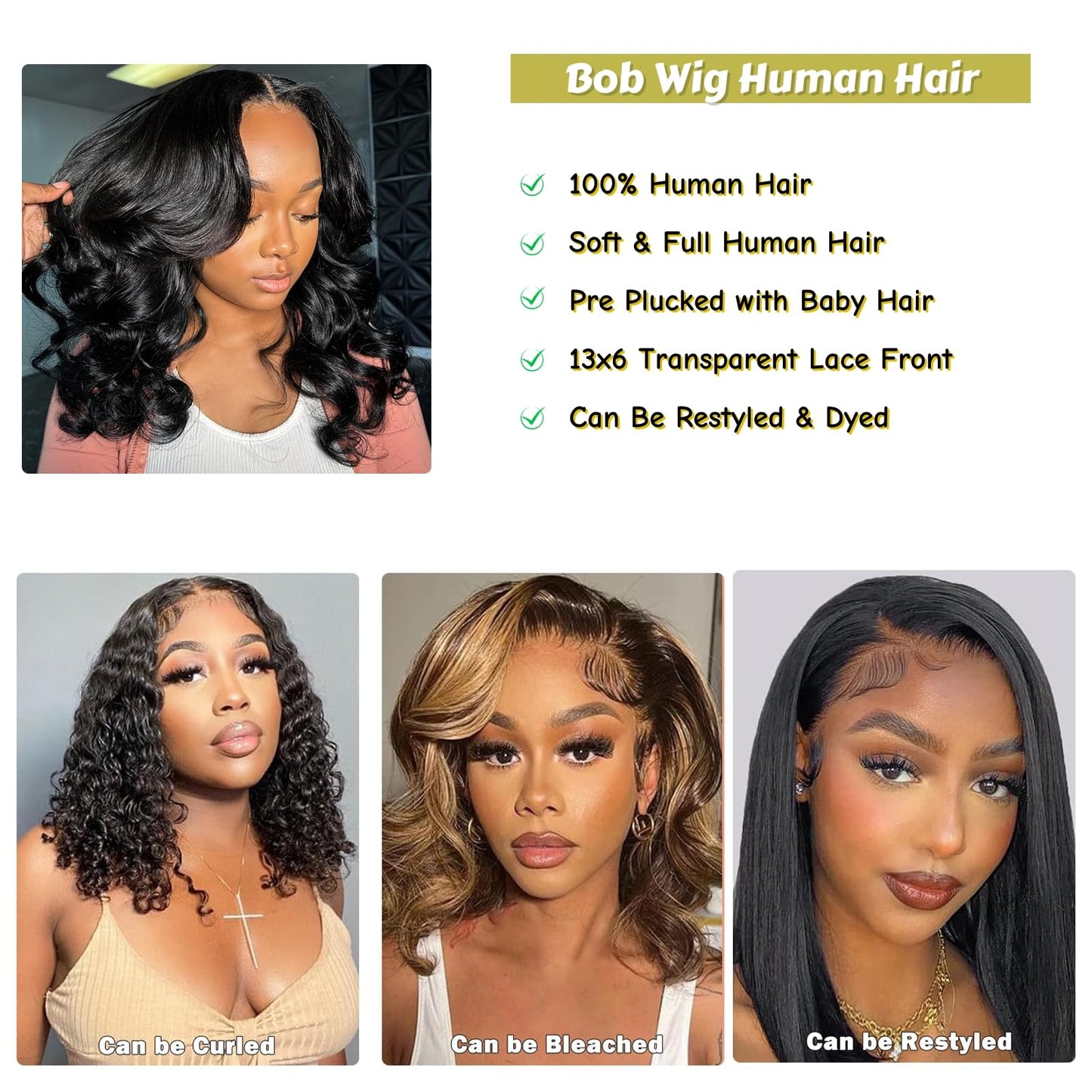 Gureimi 14 Inch Bob Wig Human Hair Short 13x6 Lace Front Wigs Human Hair 200 Density HD Lace Frontal Wigs Human Hair Short Body