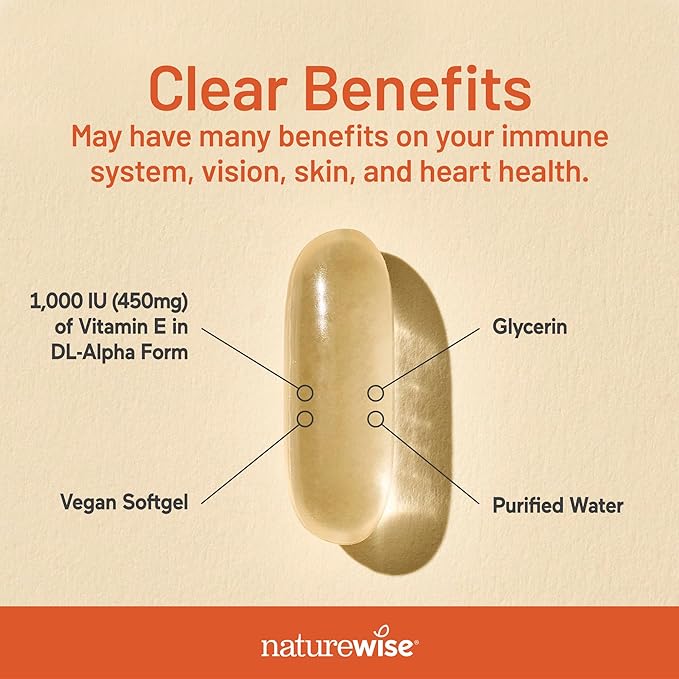 NatureWise Vitamin E 1000 IU Softgels (450mg dL-Alpha) - Vegan, Gluten-Free, Soy-Free, Non-GMO Antioxidant Dietary Supplement for Skin, Heart, Eye, and Immune Health Support - 60-Day Supply, 120 Count