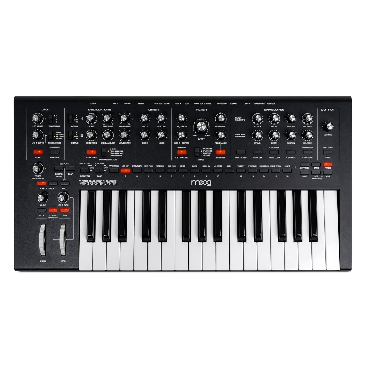 Moog Messenger - Next-Gen Monophonic Analog Keyboard Synthesizer With 32 Keys, 64-Step Sequencer, 256 Presets And Res Bass Compe