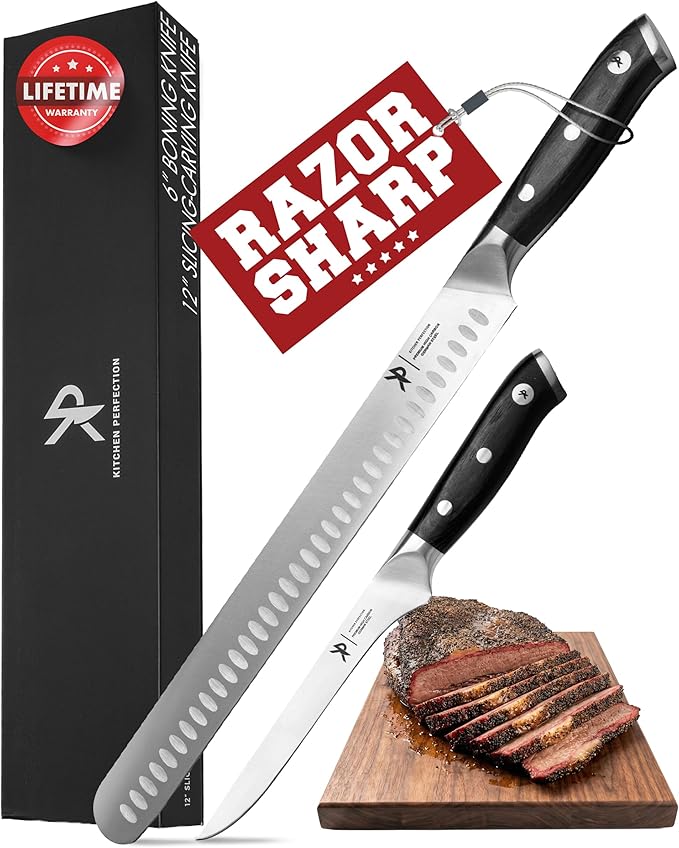 Kitchen perfection BBQ Carving Set for Meat -12” Brisket Slicing Knife +6” Boning Knife with Sheaths - Razor Sharp, Premium German Steel, Full Tang Ergonomic Handles- Perfect Grilling Gifts for Men