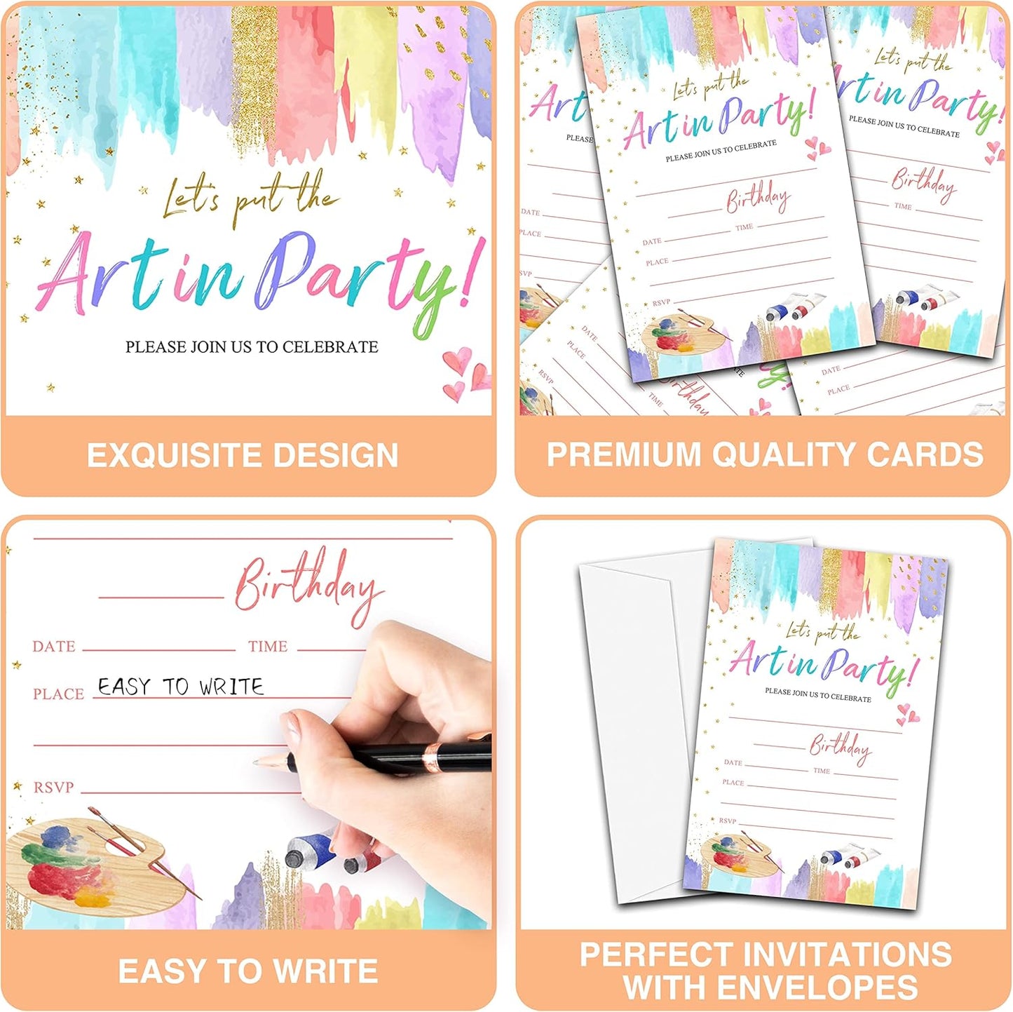 Art Birthday Party Invitations, 20-Count Painting Birthday Party Invites With Envelopes-HBYQK-B56