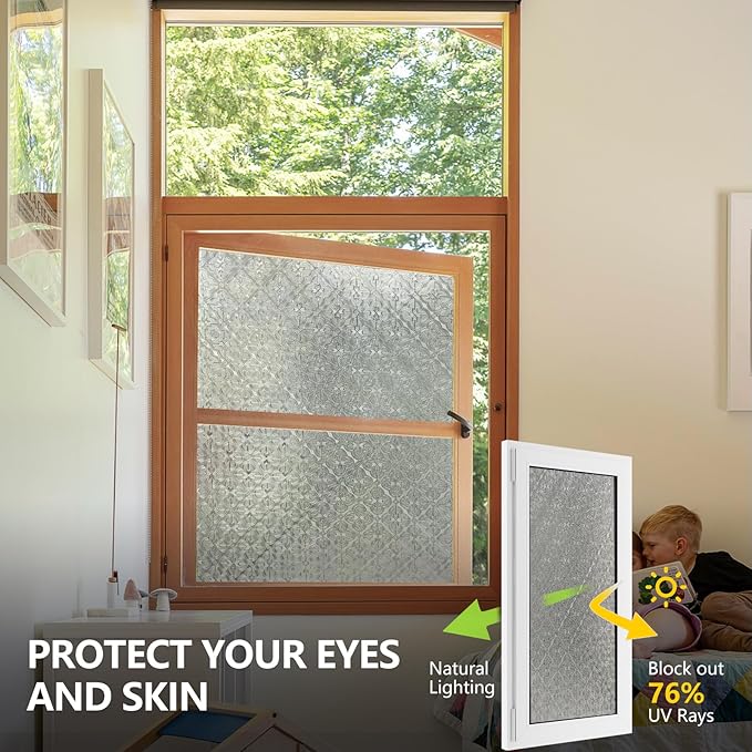 Stained Glass Window Privacy Film, 3D Static Cling Removable Window Clings, Heat Control Sun Blocking Window Film for Bathroom,Front Door,Home,Begonia,17.3" x 78.7"