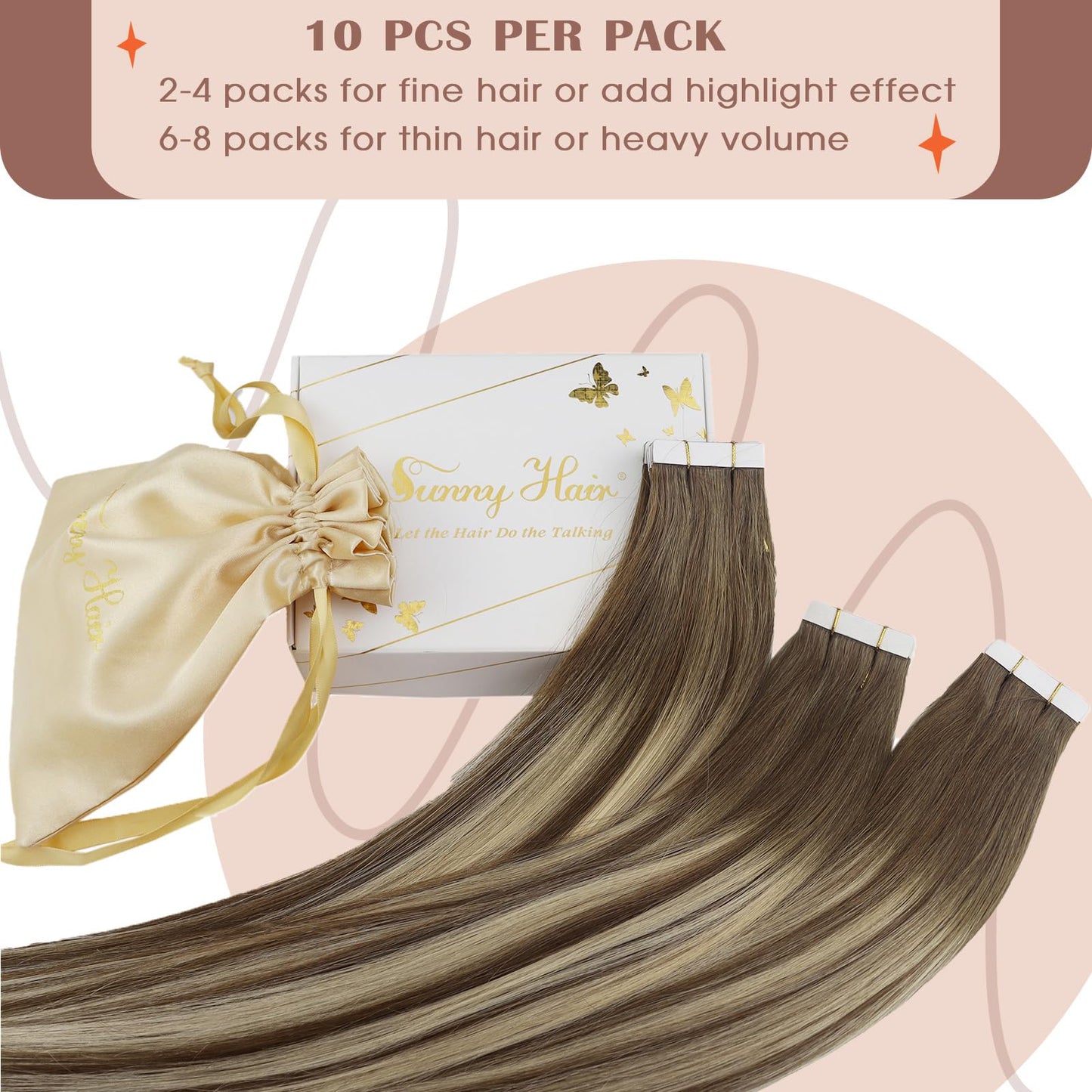Sunny Hair Tape in Hair Extensions Real Human Hair Invisible Remy Hair Extensions Tape ins for Women Medium Brown Ombre PLatinum