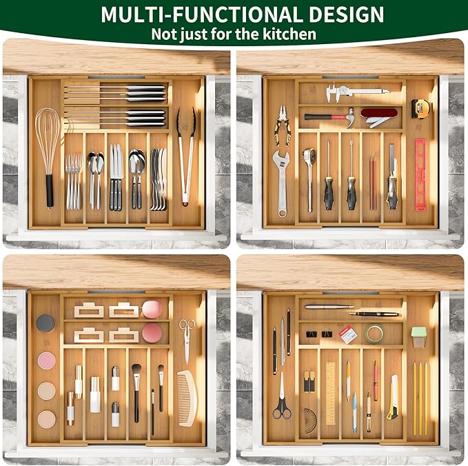Bamboo Silverware Drawer Organizer, Expandable 13" to 20" Wide Kitchen Utensil Holder with 2 Knife Blocks, 7-9 Slots Cutlery Tray for Flatware (Natural)