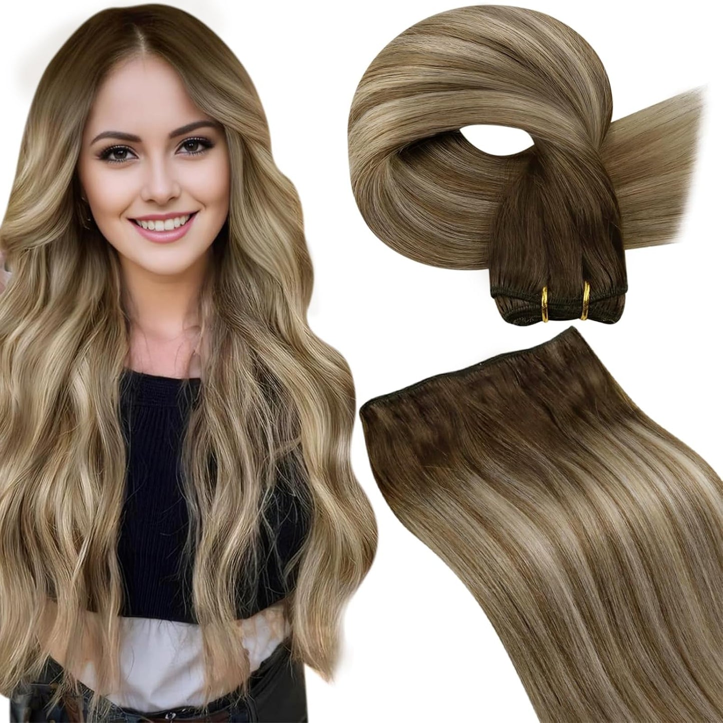 LaaVoo Weft Hair Extensions Human Hair Brown Ombre Sew in Extensions for Women Double Weft Extensions Real Human Hair Dark Brown