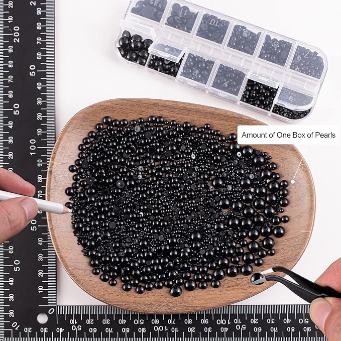 4000PCS Flatback Rhinestones and Half Round Pearls Kit #12, Multi Size Glass Clear & AB Crystals, Plastic Flat Back Black Dome Bead with Pickup Pencil and Tweezer for Nail Art