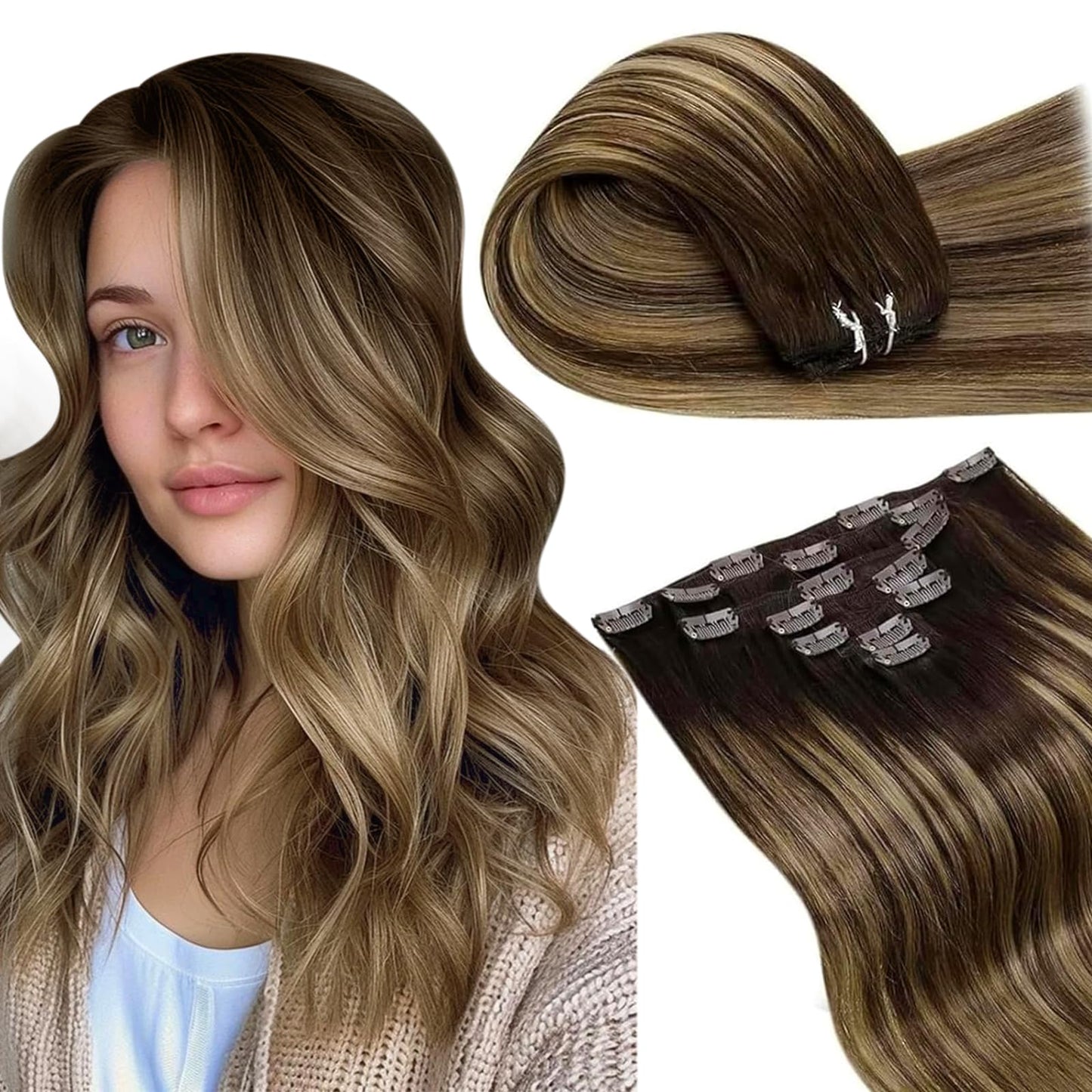 LaaVoo Clip in Hair Extensions Human Hair Balayage Hair Extensions Clip ins Brown Fading to Caramel Blonde Mix Brown 14 Inch 7pc