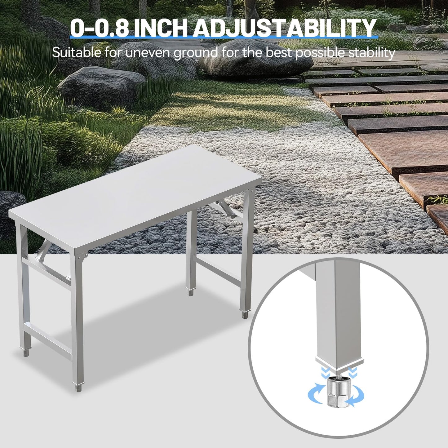 PurezmMoto Folding Stainless Steel Table with Adjustable Table Corners and Lower Removable Shelf 20X45 Inches for Outdoor Camping, Maintenance Room, Storage, Kitchen (Without undershelf)