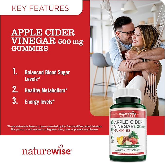 NatureWise Apple Cider Vinegar Gummies - 1000mg ACV per 2 + Vitamin B12 - Pectin Based Vegan, Gluten-Free, Non-GMO - 60 Count[30-Day Supply for 1000mg or 2-Month Supply for 500mg]