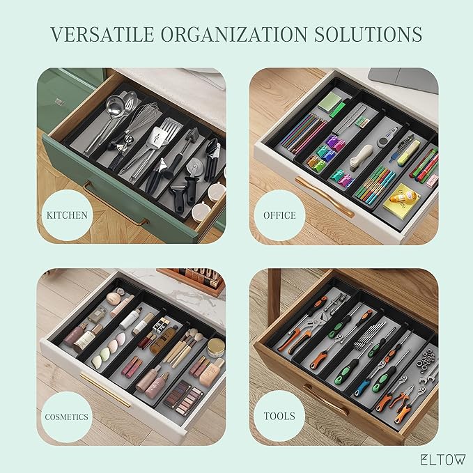 ELTOW Expandable Utensil Drawer Organizer, 5 Compartment Non-Slip & Adjustable Large Utensil Organizer for Kitchen Drawers, Kitchen Organization for Utensils, Flatware Storage Tray (Black)