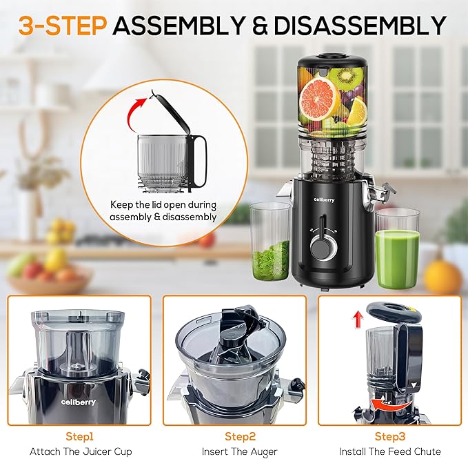 Cold Press Juicer Machines, 5.3” Large Feed Chute Slow Masticating Juicer for Whole Fruits & Vegetables, 300W Quiet Juice Extractor, Easy to Clean, 99% High Juice Yield, Black