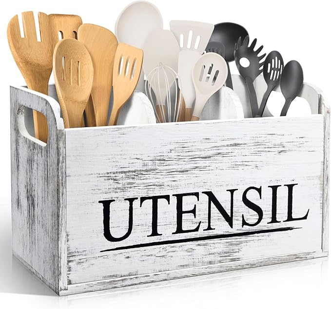 White Kitchen Utensil Holder Rustic Large Wooden Utensil Organizer Cooking Tools Storage