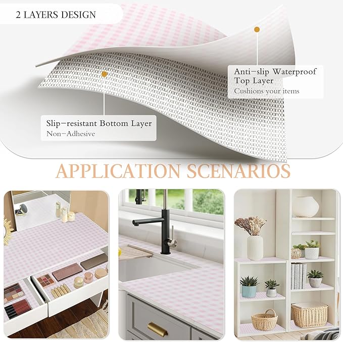 Beautysaid Shelf and Drawer Liner for Kitchen Cabinet, Non Adhesive Non Slip Shelf Paper Waterproof Washable Thickened for Dresser Pantry Shelve Bathroom Protector Liner(Pink Checkered,12 in x 10 FT)
