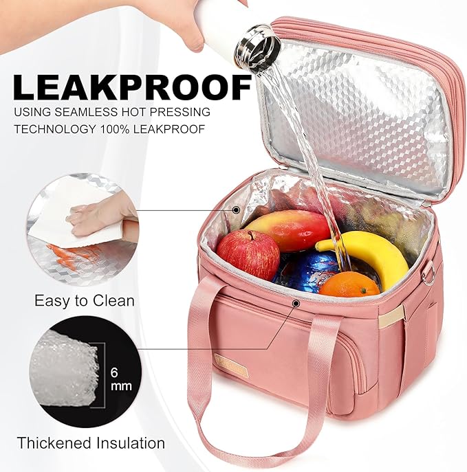 Lunch Box for Men Women - Double Deck Insulated Lunch Bag, Large Leak Proof Tote Cooler, Wide Open Dual Compartment Lunch Bags with Shoulder Strap, For Work Picnic Hiking Beach, Pink
