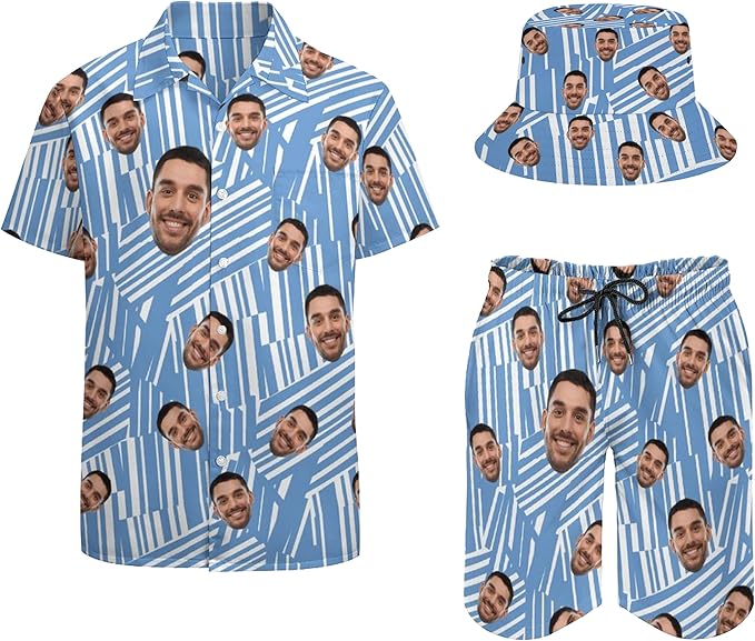 Personalized Men's Hawaiian Shirts and Shorts Set Custom 2-Piece Suits Button Down Shirt Outfit with Bucket Hats