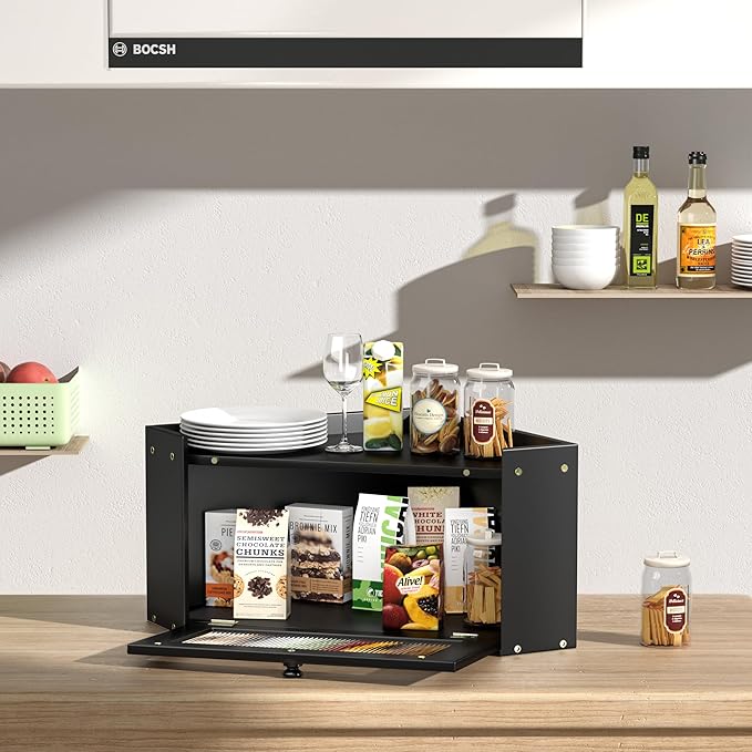 Corner Bread Box for Kitchen Countertop, Vintage Wooden Counter Organizer, Bamboo Bread Storage Bin for Homemade Bread, Small Farmhouse Corner Breadbox Container with Acrylic Window, Black