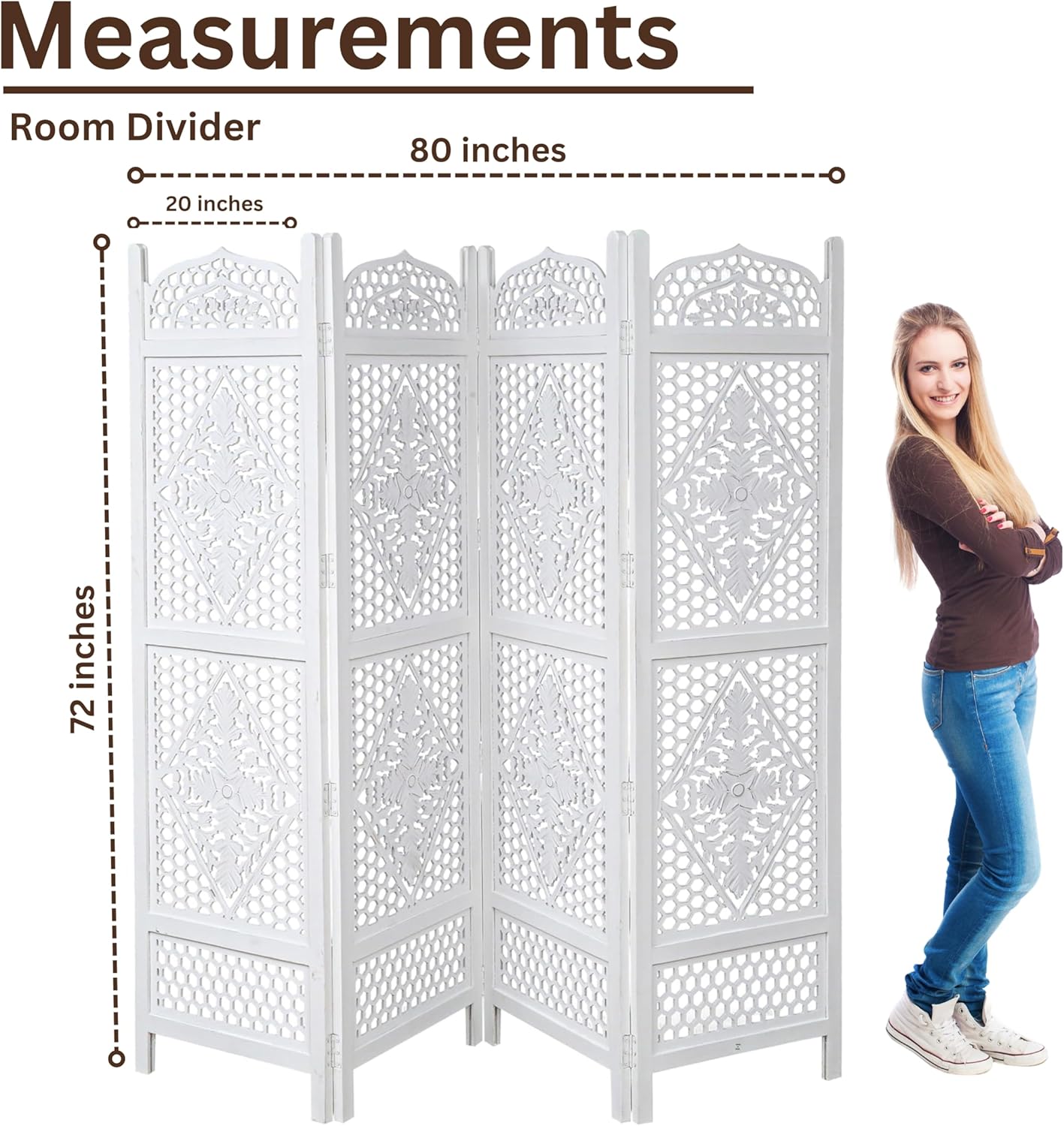 Room Divider Wood Screen Panel – Antique White, 4-Panel Folding 80"x72", Hand-Carved, Reversible Privacy Partition, Decorative & Functional Portable Room Divider for Home or Office