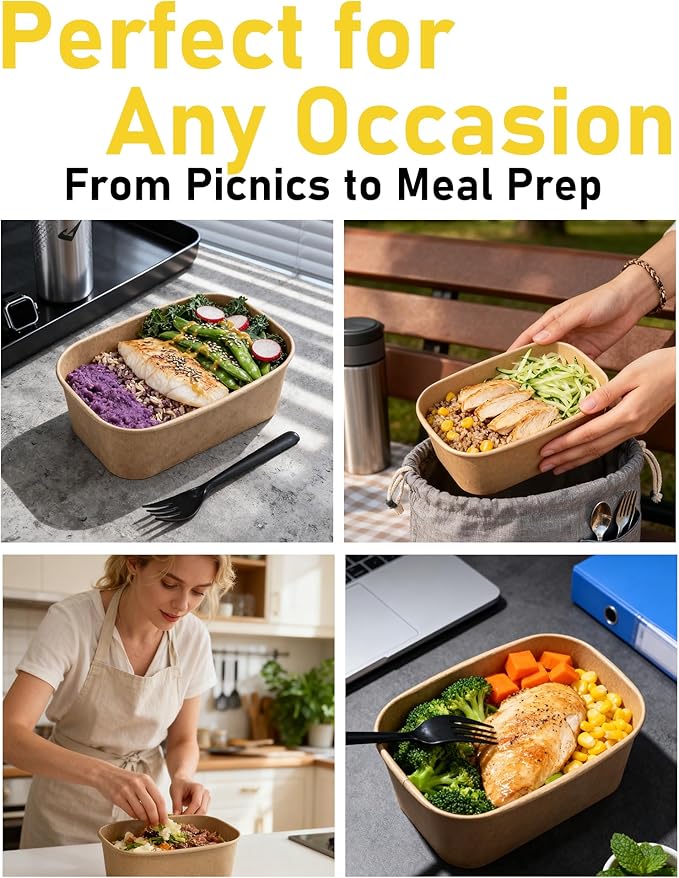 50Pack Disposable Paper Meal Prep Containers with Lids and Forks, 35OZ Kraft Paper To Go Food Containers for Salad Soup Hot/Cold Food, Take Out Serving Bowl for Household & Restaurant & Party & Picnic