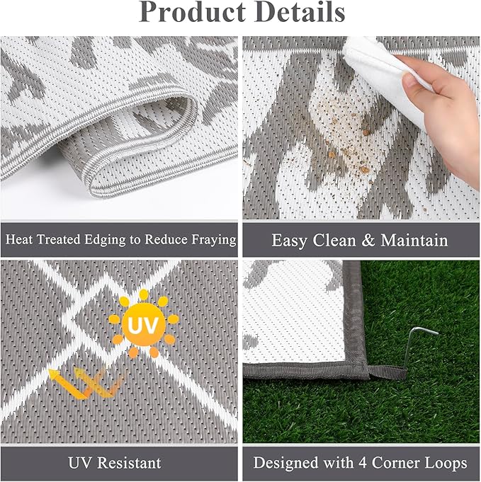 Vaukki Reversible Rugs, Plastic Straw Outdoor Doormat, Fade Resistant Plastic Outdoor Patio Mat, Lightweight Ocean Area Carpet for Patio, RV, Camping, Beach, Deck, Backyard and Picnic (Grey, 9'x12')