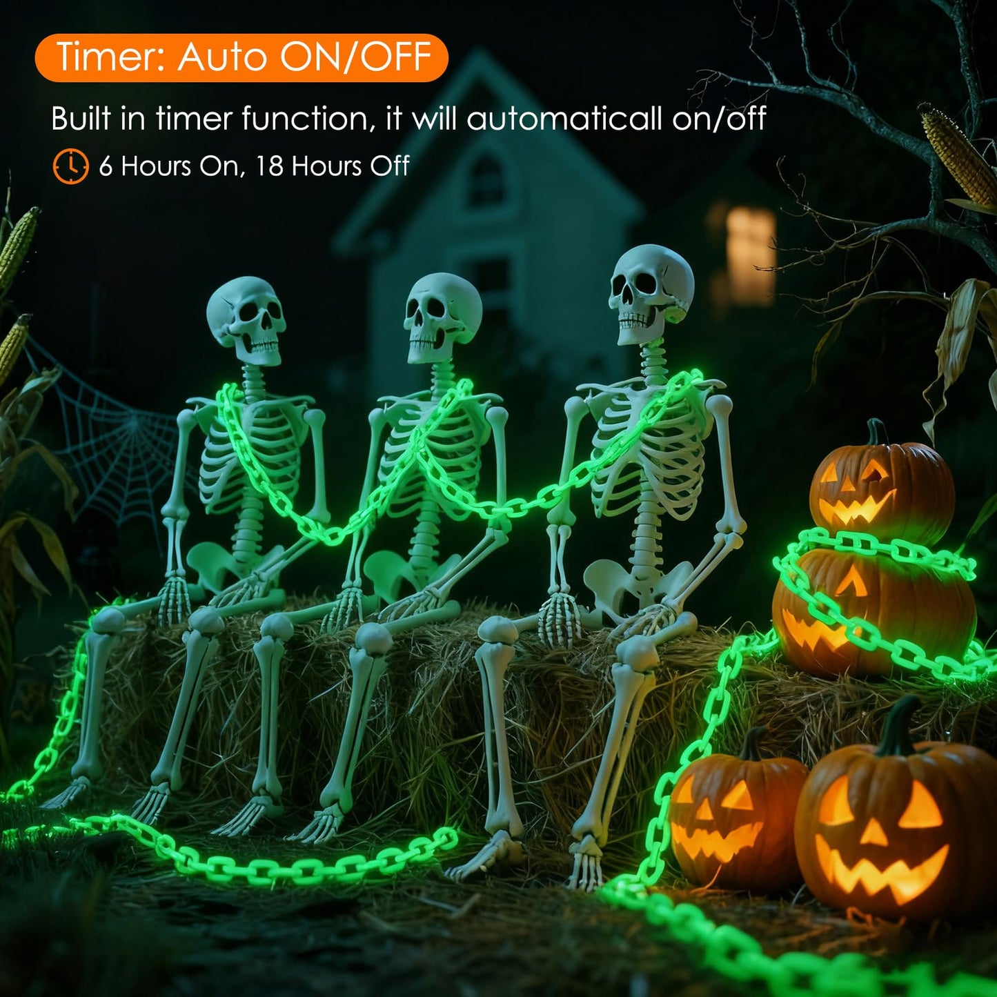 Ohwewant 10Ft Green Chains Battery Operated Halloween Lights  Halloween Decorations Outdoor Indoor  8 Modes Timer Lighted Prop Chains For Party Haunted House Skeleton Dog Creepy Costumes Cosplay