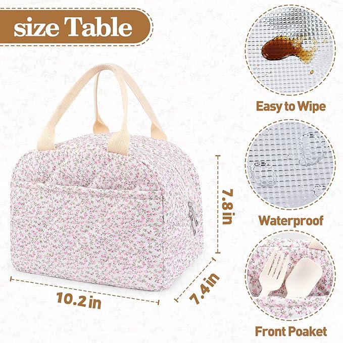 Cotton Quilted Insulated Lunch Bag, Cute Quilted Floral Tote Bags Reusable Lunch Box Coquette Aesthetic Large Capacity Insulated Cooler for Women Work Travel Picnic (Pink)