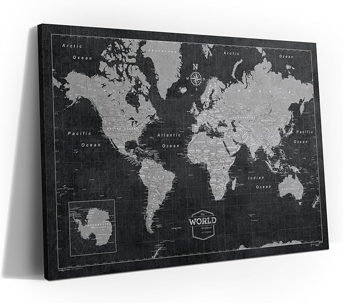 Conquest Maps World Travel Map with Pins Modern Slate Style Push Pin Travel Map Cork Board, Track Your Travels w/a Handmade Unique Canvas Pinable Map (48" x 32")