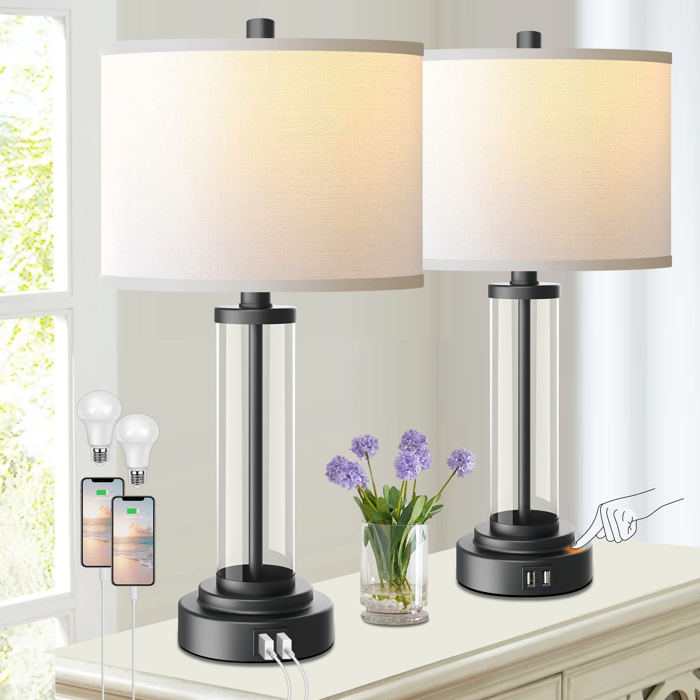 QiMH Touch Control Table Lamps Set of 2, 3-Way Dimmable, USB Ports, Modern Nightstand Lamp, Glass & Metal, Black