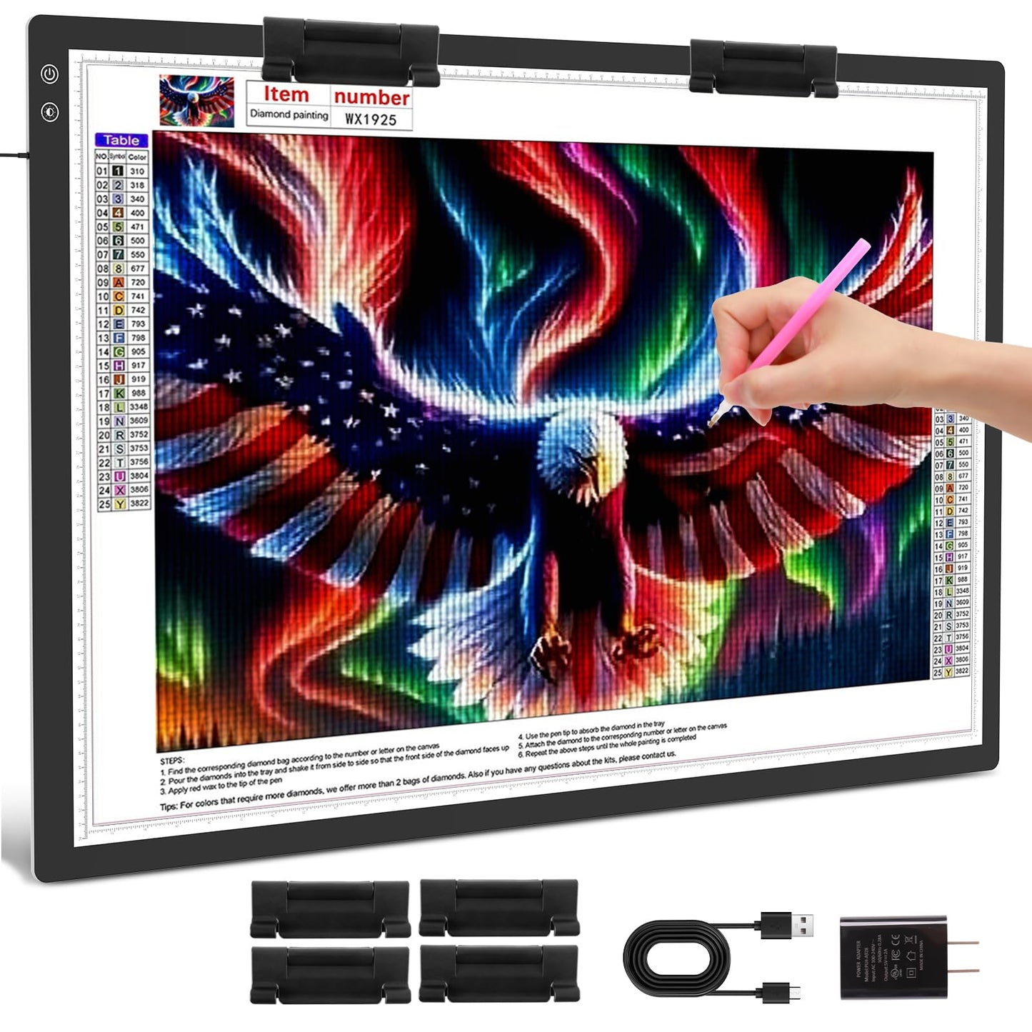 A3 LED Light Pad with Carry Bag, TOHETO Wireless Rechargeable Light Board with Stand and Top Magnetic Clip 3 Colors Stepless Dim