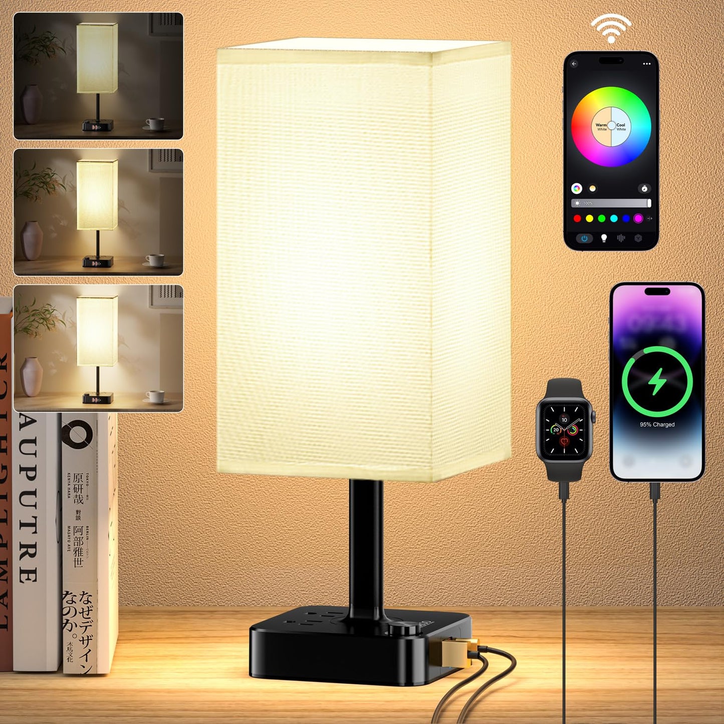 Cozoo Bluetooth/Wifi Rgb Bedside Table Lamp With 3 Usb Ports & 2 Outlets, Dimmable Led Light For Home/Bedroom/Living Room