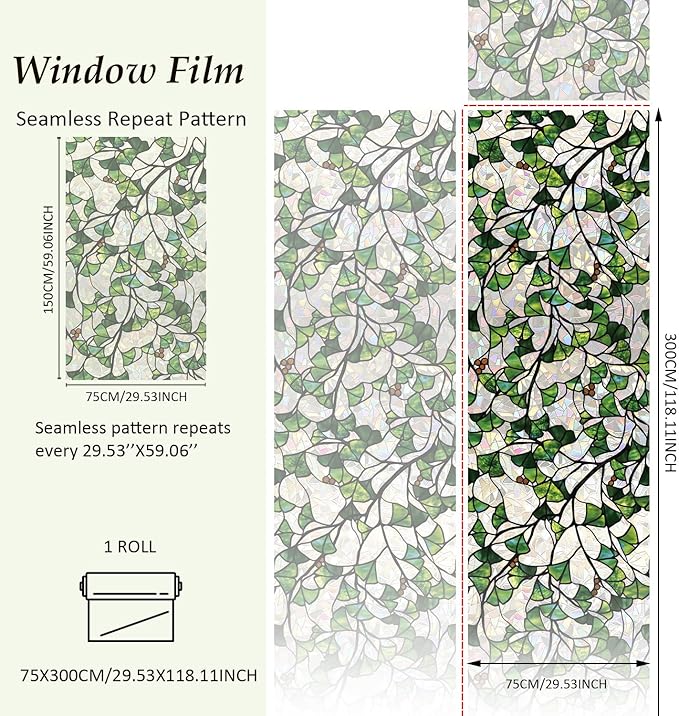 Rainbow Window Privacy Film Stained Glass Handmade Design for Bathroom, Ginkgo Leaves, 118.11'' x 29.52''