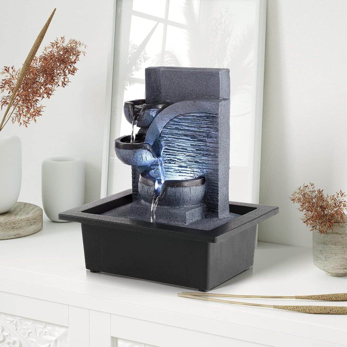 WICHEMI Water Fountains Indoor Waterfall Fountain Tabletop Fountain with LED Light Water Feature Indoor Zen Meditation for Home and Office Indoor Spaces Decor (Style 6)