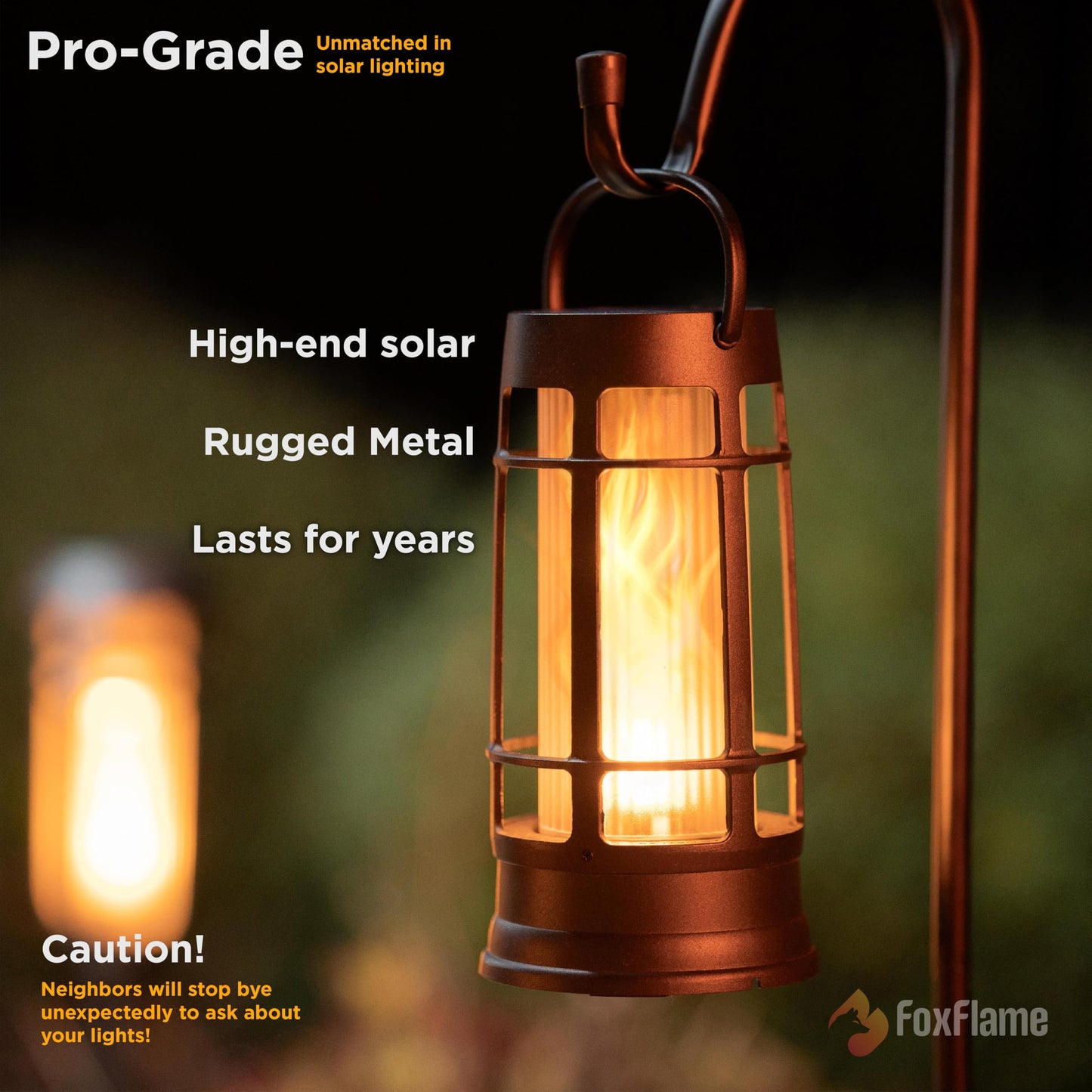 FOXFLAME Metal Outdoor Solar Lantern, Waterproof Flickering LED, 1 Pack, Matte Black, Model FFMDL1