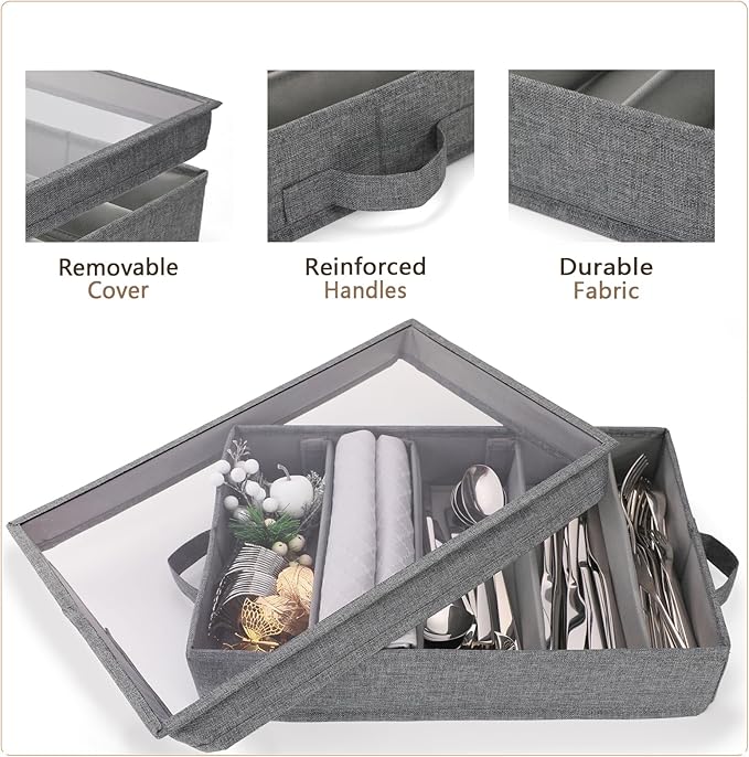 Joyfol Day Flatware Utensil Storage Case, Silverware Storage Box with Padded Dividers, Removable Cutlery Storage Holder with Handles and Removable Lid, for Protects and Organizes Cutlery, Grey