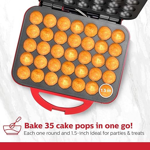 Holstein Housewares 35-Count Cake Pop Maker with Non-Stick Plates & Indicator Lights – Bakes 35 Sweet or Savory Pops Fast, Perfect for Birthday Treats & Holiday Party Snacks, Red