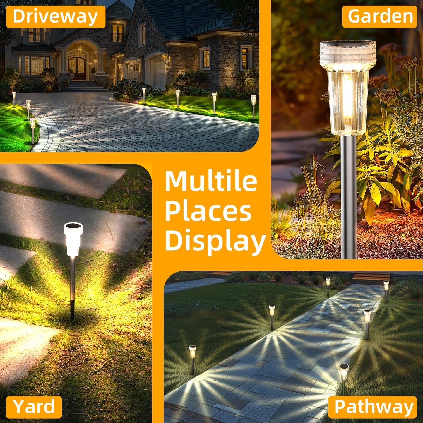 Deraysion 12 Pack Solar Lights Outdoor  Solar Pathway Lights Auto Dusk-To-Dawn Landscape Garden Lighting  Waterproof Stainless Steel Pole Lighting For Path  Yard  Walkway  Garden  Driveway